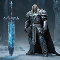 Arthas Menethil, the Lich King, standing in his full Frostmourne armor with his runeblade and a chilling aura surrounding him set against an icy throne