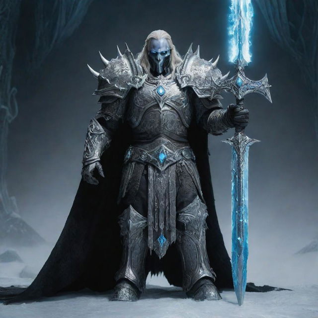 Arthas Menethil, the Lich King, standing in his full Frostmourne armor with his runeblade and a chilling aura surrounding him set against an icy throne