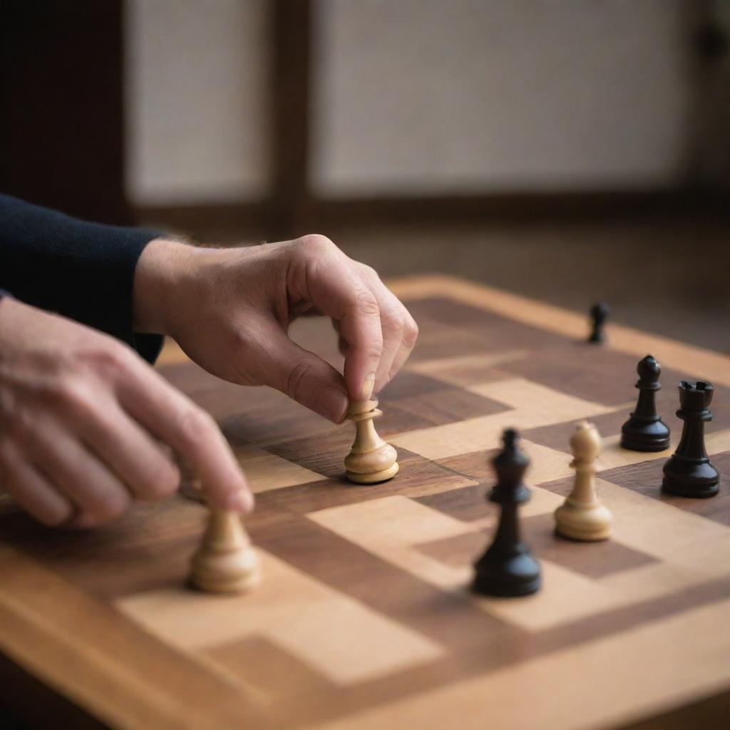 A detailed image of a character named Alfin engrossed in a strategic game of chess, moving a piece on a polished wooden chessboard.