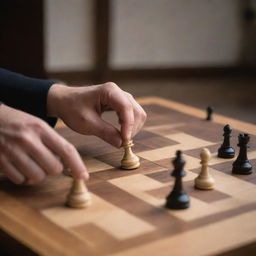 A detailed image of a character named Alfin engrossed in a strategic game of chess, moving a piece on a polished wooden chessboard.