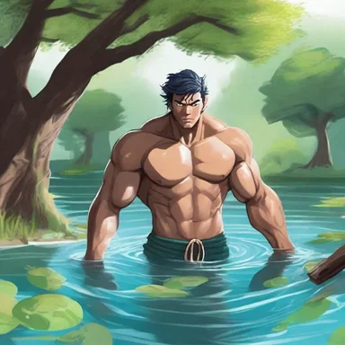 After battling the monster, the hero took a refreshing dip in the mystical spring to refresh himself before continuing his quest.