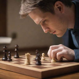 A detailed image of a character named Alfin engrossed in a strategic game of chess, moving a piece on a polished wooden chessboard.