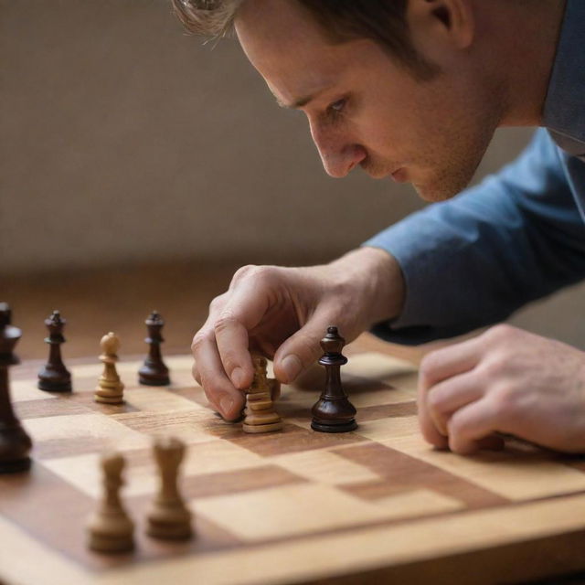 A detailed image of a character named Alfin engrossed in a strategic game of chess, moving a piece on a polished wooden chessboard.