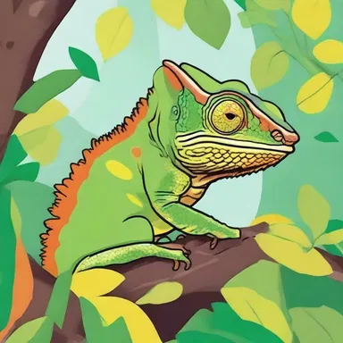 In the cartoon, the chameleon used its protective coloration to blend in with the leaves and hide from the hungry predator.