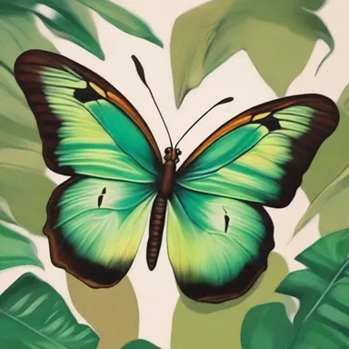 The artist used various shades of green and brown to create a beautiful painting portraying the protective coloration of a tropical butterfly.