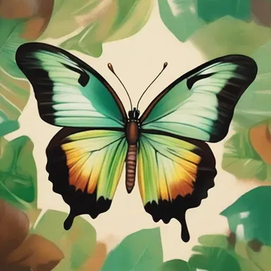 The artist used various shades of green and brown to create a beautiful painting portraying the protective coloration of a tropical butterfly.