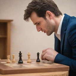 A detailed image of a character named Alfin engrossed in a strategic game of chess, moving a piece on a polished wooden chessboard.