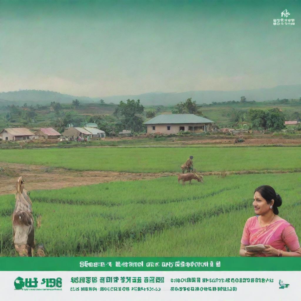 Design an engaging advertisement featuring a prosperous rural cooperative bank in the foreground, and an industrious various service cooperative society in the background, with hardworking villagers, green fields, the bank logo, and uplifting text.