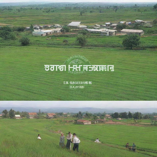 Design an engaging advertisement featuring a prosperous rural cooperative bank in the foreground, and an industrious various service cooperative society in the background, with hardworking villagers, green fields, the bank logo, and uplifting text.