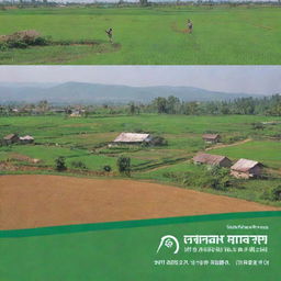 Design an engaging advertisement featuring a prosperous rural cooperative bank in the foreground, and an industrious various service cooperative society in the background, with hardworking villagers, green fields, the bank logo, and uplifting text.