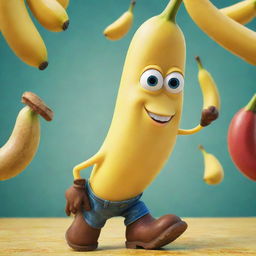 A fun-filled Disney-Pixar movie poster titled 'Banana with Boots'. It shows a lively anthropomorphic banana character donning boots, set in a world that's whimsical and vibrant. Maintains the signature Pixar charm, color palette, and humor.