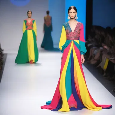 The dress was chosen for its suitability for the fashion show, with its trendy design and vibrant colors.