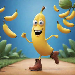 A fun-filled Disney-Pixar movie poster titled 'Banana with Boots'. It shows a lively anthropomorphic banana character donning boots, set in a world that's whimsical and vibrant. Maintains the signature Pixar charm, color palette, and humor.