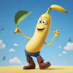 A fun-filled Disney-Pixar movie poster titled 'Banana with Boots'. It shows a lively anthropomorphic banana character donning boots, set in a world that's whimsical and vibrant. Maintains the signature Pixar charm, color palette, and humor.