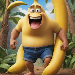 A Disney-Pixar movie poster titled 'Banana Slayer'. The image showcases an intrepid character, humorously gearing up to 'slay' a giant anthropomorphized banana, amidst a vivid, exciting backdrop. Includes Pixar's signature aesthetic and playful humor.