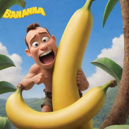 A Disney-Pixar movie poster titled 'Banana Slayer'. The image showcases an intrepid character, humorously gearing up to 'slay' a giant anthropomorphized banana, amidst a vivid, exciting backdrop. Includes Pixar's signature aesthetic and playful humor.