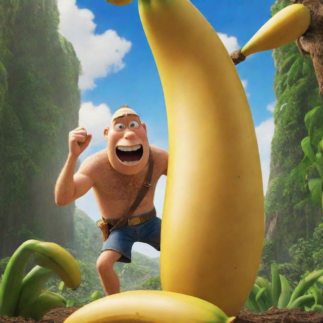 A Disney-Pixar movie poster titled 'Banana Slayer'. The image showcases an intrepid character, humorously gearing up to 'slay' a giant anthropomorphized banana, amidst a vivid, exciting backdrop. Includes Pixar's signature aesthetic and playful humor.