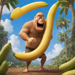 A Disney-Pixar movie poster titled 'Banana Slayer'. The image showcases an intrepid character, humorously gearing up to 'slay' a giant anthropomorphized banana, amidst a vivid, exciting backdrop. Includes Pixar's signature aesthetic and playful humor.