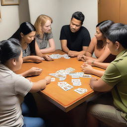 Nine people engaged in a card game around a table