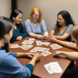 Nine people engaged in a card game around a table