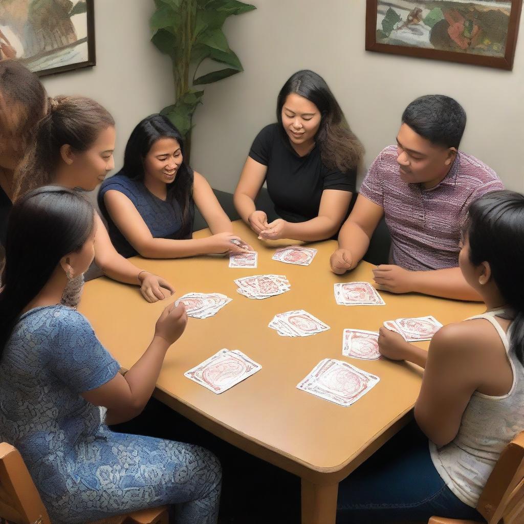 Nine people engaged in a card game around a table