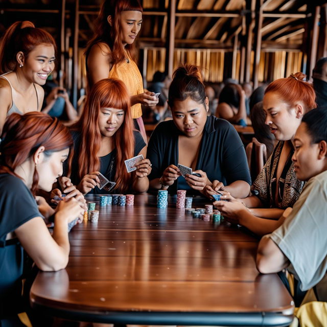 An image of nine diverse people playing a card game around a table