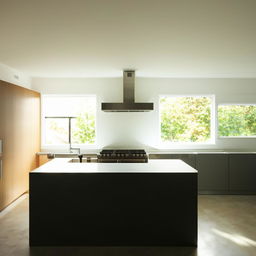 A simple, square kitchen with a window allowing sunlight to flood into the room.