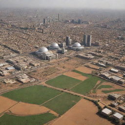 A futuristic vision of Sudan as a rich and prosperous country with developed infrastructure, bustling cityscapes, advanced technology, and lush agricultural fields.