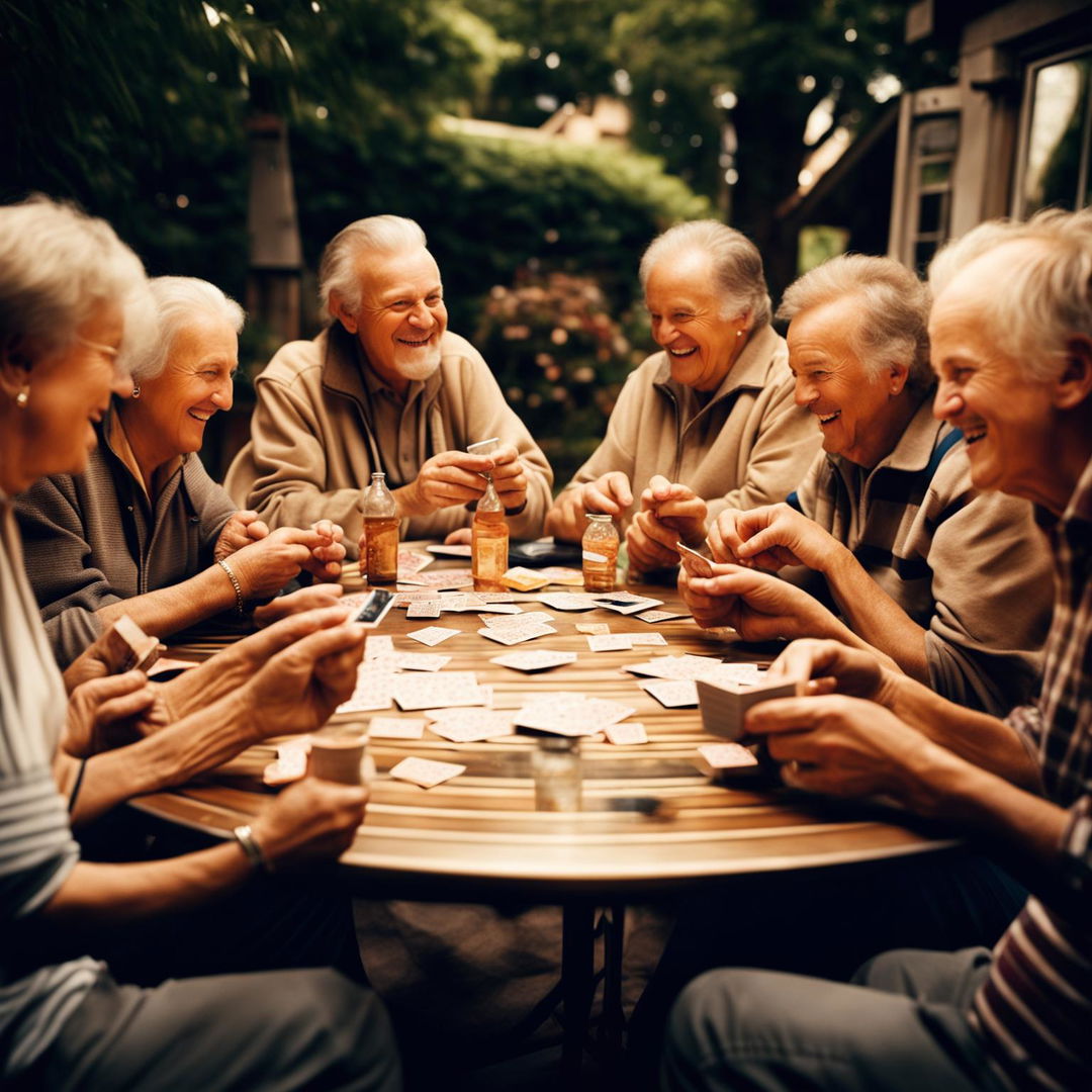 An image of a diverse group of people engaged in a game of cards in a relaxed setting, with a table cluttered with cards, drinks, and snacks