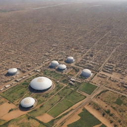 A futuristic vision of Sudan as a rich and prosperous country with developed infrastructure, bustling cityscapes, advanced technology, and lush agricultural fields.