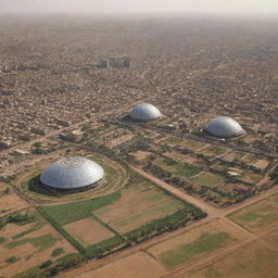 A futuristic vision of Sudan as a rich and prosperous country with developed infrastructure, bustling cityscapes, advanced technology, and lush agricultural fields.