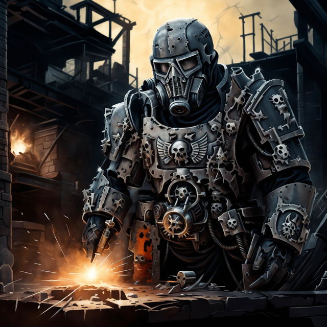 This image depicts a Death Korp of Krieg soldier from Warhammer 40,000 as a welder, working on machinery in a war-torn battlefield setting