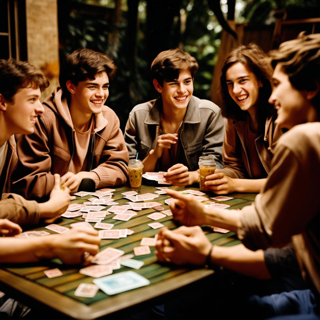 An image of a group of young people playing cards in a casual setting, with a table cluttered with cards, soft drinks, and snacks