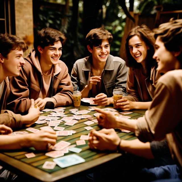 An image of a group of young people playing cards in a casual setting, with a table cluttered with cards, soft drinks, and snacks