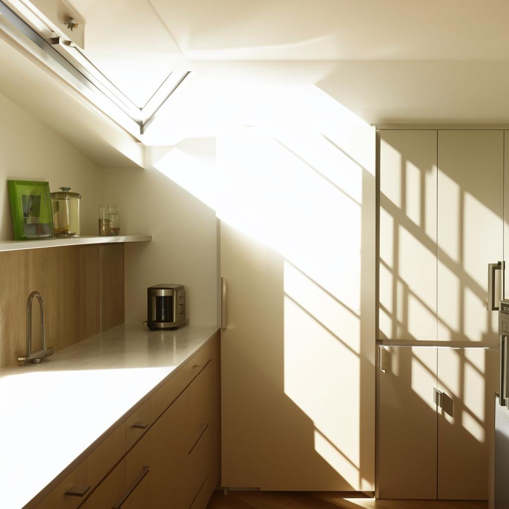 A simple, square kitchen with a window allowing sunlight to flood into the room.