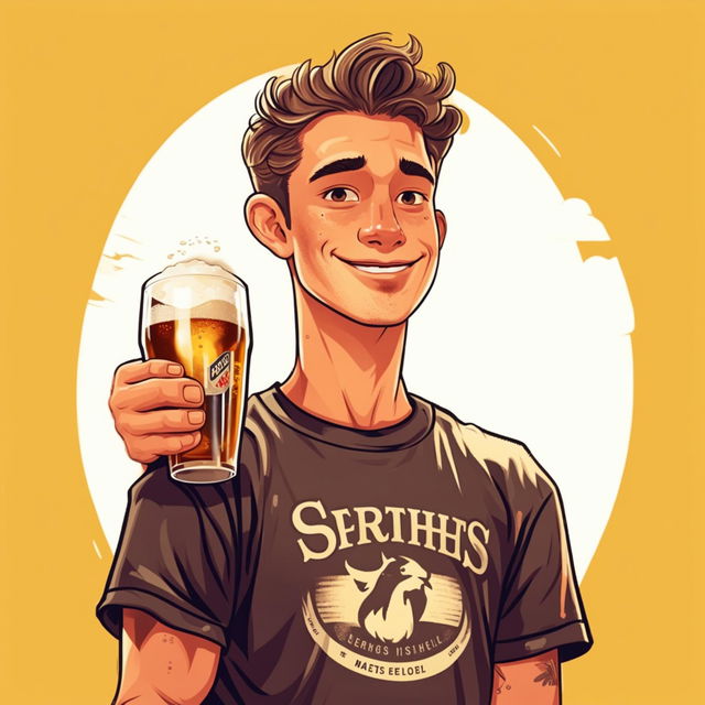 This image is of a Kiwi man named Hunter Mitchell, who is depicted in a relaxed pose wearing a Speights beer brand t-shirt.
