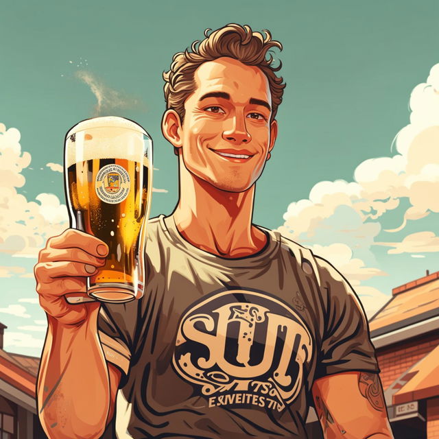 This image is of a Kiwi man named Hunter Mitchell, who is depicted in a relaxed pose wearing a Speights beer brand t-shirt and holding a beer