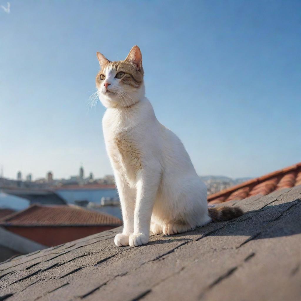 An agile cat elegantly perched atop a sloping rooftop under the clear sky