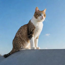 An agile cat elegantly perched atop a sloping rooftop under the clear sky