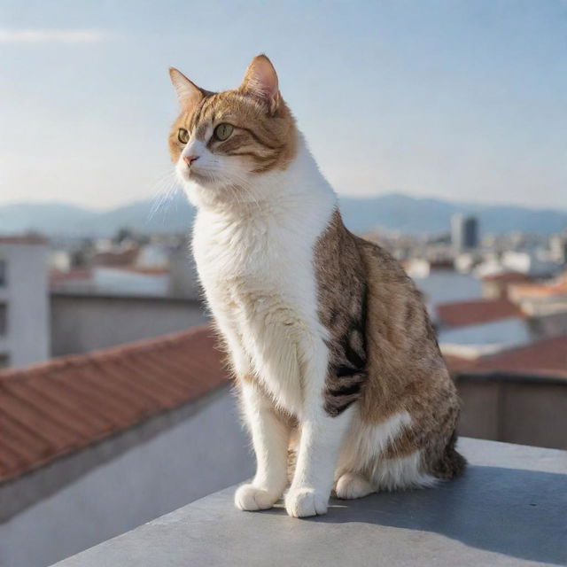 An agile cat elegantly perched atop a sloping rooftop under the clear sky