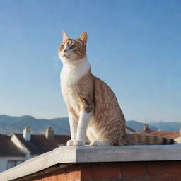 An agile cat elegantly perched atop a sloping rooftop under the clear sky