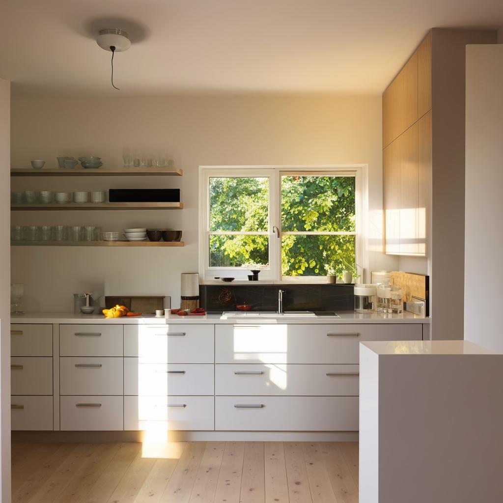 A simple, square kitchen with a window allowing sunlight to flood into the room.