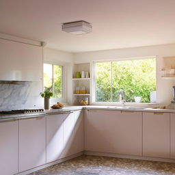 A simple, square kitchen with a window allowing sunlight to flood into the room.