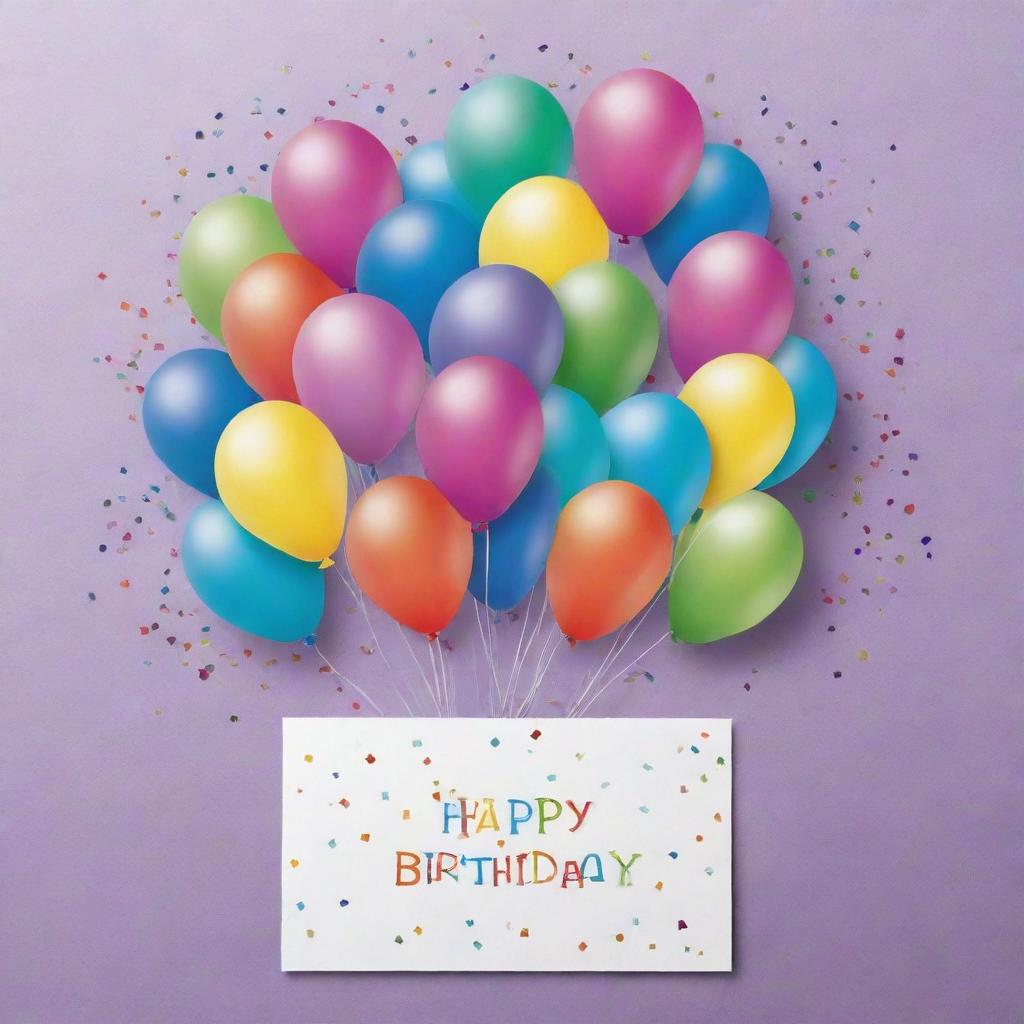 An exquisite birthday greeting card featuring vibrant confetti, balloons, and a heartfelt 'Happy Birthday' message