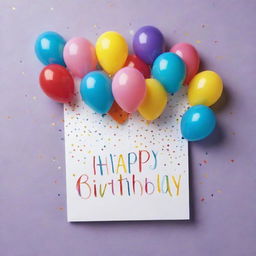 An exquisite birthday greeting card featuring vibrant confetti, balloons, and a heartfelt 'Happy Birthday' message