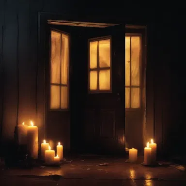 As the haunted house's door creaked open, a cold gust of wind blew in, causing the candles inside to smoothen and create an eerie glow.