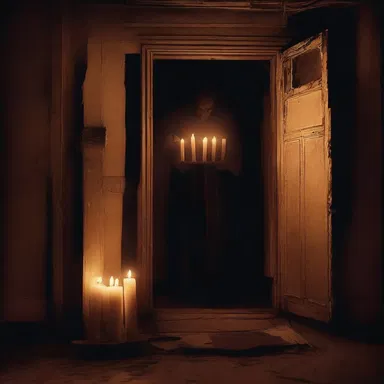As the haunted house's door creaked open, a cold gust of wind blew in, causing the candles inside to smoothen and create an eerie glow.