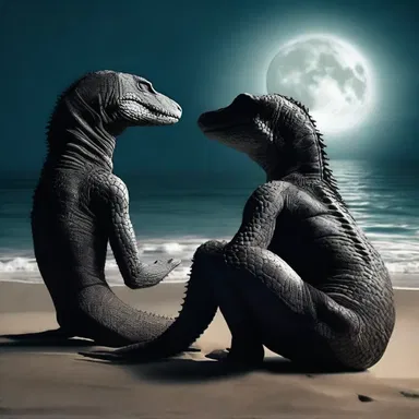 Under the moonlight, they embraced on the beach, unaware of the reptilian eyes watching them from the shadows.