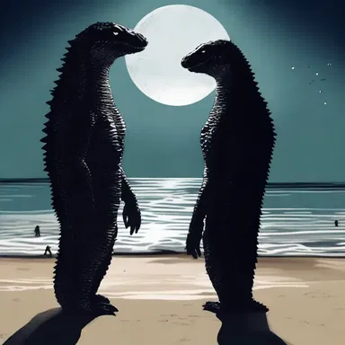 Under the moonlight, they embraced on the beach, unaware of the reptilian eyes watching them from the shadows.