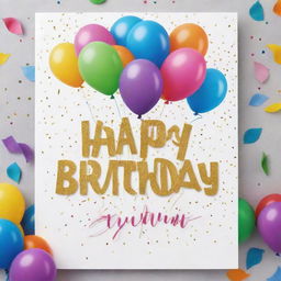 An elegant birthday greeting card with ornate lettering spelling 'Happy Birthday Goutam Maiti' surrounded by vibrant balloons, streamers and confetti.